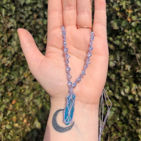 Aqua Aura Quartz Macrame Beaded Necklace - Picture 7 of 8